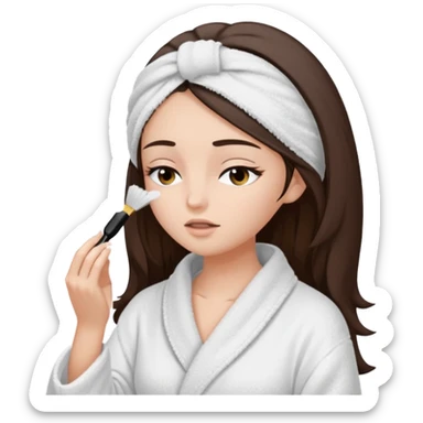 Girl with brown hair in white dressing gown and white towel wrapped in her head doing her mascara  Eyes closed white dark hair and towel wrapped differently doing mascara long hair  sticker