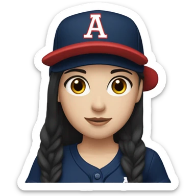 A  white girl with black long hair and wearing navy ballcap emblazoned with a red G initial and wearing baseball uniform sticker