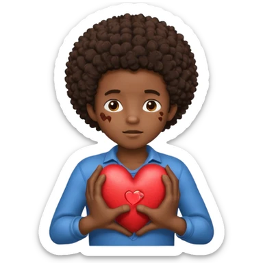 I want a black boy with chocolate skin and a small messy afro holding a heart close to his chest with his hands over the heart as if to present it to someone he loves. I want the words Aja on the heart. sticker