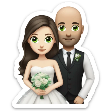 white girl with green eyes and long dark brown hair in wedding dress with bald husband with blue eyes sticker