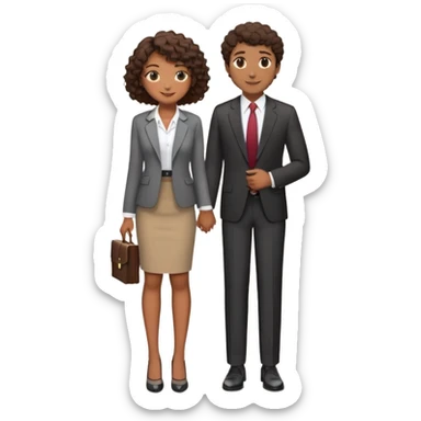 gostaria que você fizesse um casal no estilo emoji ios 18 stickers, uma menina negra, a menina está com um sorriso de boca fechada, ela tem o cabelo cacheado e curto na medida do ombro, o tom de pele dela é marrom médio, roupa de escritório, gostaria que fosse um emoji de corpo todo e ela estivesse usando uma saia até o joelho e salto alto, com aspecto que trabalha no RH de uma grande e  o homem ao lado dela, de mãos dadas, ele tem o tom de pele bronzeado, é mais alto que ela, ele usa roupa social e gostaria que ele tivesse um aspecto de advogado, o cabelo dele é liso castanho escuro, ele está com um sorriso fechado sticker