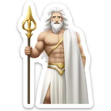 white Poseidon with gold Trident. confident face . long white hair white dress. show biceps muscle sticker