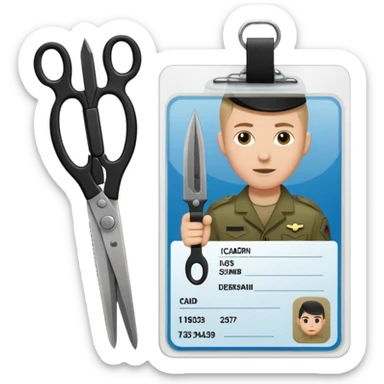Floating black Scissors cutting in half an idf soldier ID card with a little chip in 2 parts sticker