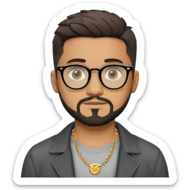 Hombre latino piel marron claro, cara estirada ovalada, gafas redondas oscuras, barba corta, pelo muy corto fade a los lados medio risado. Sonrisa leve, expresión tranquila. Camiseta gris, jacket negro abierto, collar G dorado sticker