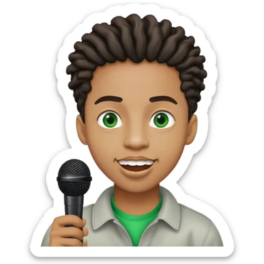 light skin black man, with twists, green eyes and gap tooth, holding a microphone sticker