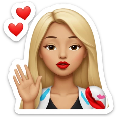 Mujer color de piel moreno claro, con cabello rubio largo, lacio y suelto, ojos negros, un ojo cerrado, mandando un beso de lado  sticker