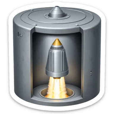 grey missile silo hatch open, and the top two thirds of a white nuclear missile launching out of the silo is shown sticker