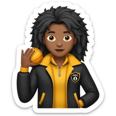 Garoto fofo de cabelo preto comprido usando uma jaqueta preta ao lado de um lobo  sticker