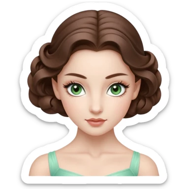 Cinema Realistic Ballerina Portrait, with porcelain-like skin featuring a natural rosy flush, illuminated by soft lighting that highlights the gentle contours of her face. Her Brunette hair flows in soft.Her deep green light eyes radiate framed by arched brows and long lashes. sticker