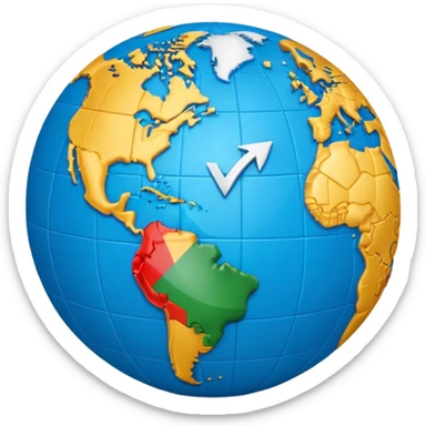 3D globe in Apple emoji style, Germany clearly marked in Europe, blue arrow pointing from Germany to USA in North America, word 'VPN' in modern bold sans-serif font, smooth gradients, soft shadows, realistic 3D look, no other text, suitable for Instagram Reel sticker