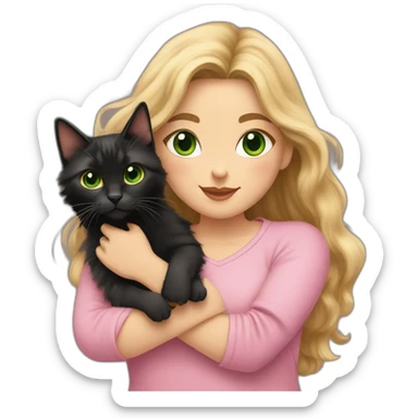 woman with green eyes and long wavy blonde hair in a pink shirt is holding a very fluffy and fat black and tortoiseshell cat sticker