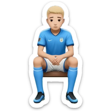 Lonely soccer player sitting on bench at night, head down, empty stadium, cold blue lighting, cinematic, emotional, realistic sticker