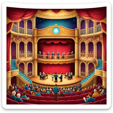 An icon depicting a theater stage with actors performing a play, illuminated by dramatic lighting. The audience watches from colorful balconies, while an orchestra plays in the pit, creating an immersive atmosphere. transparent background. sticker