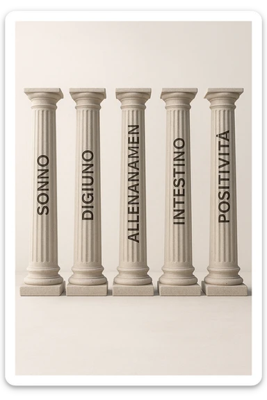 5 pilastri con le scritte "SONNO", "DIGIUNO", "ALLENAMENTO", "INTESTINO", "POSITIVITà" IMMAGINE IPERREALISTICA SFONDO CHIARO IN ITALIANO sticker