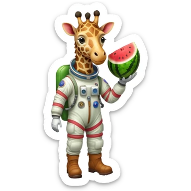 a round watermelon body with only the head of a giraffe sticking out, wearing brown boots and an astronaut helmet sticker