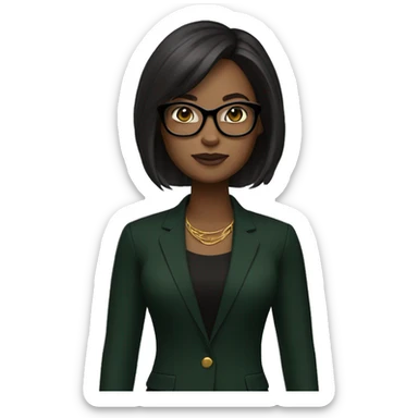 memoji, a woman with dark brown shoulder-length hair, wearing black glasses, dark skin,green and gold earrings, a black blazer over a black top sticker