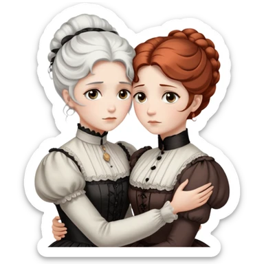 Two Victorian women with grey eyes in a sad, intimate hug. One has bright white coiffed hair, the other has dark copper coiffed hair. Both wearing Victorian high-neck dresses and embracing tightly. sticker