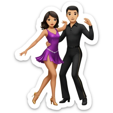 Photorealistic dancesport professional latin couple dancing the cha cha cha at the competition dancefloor, the women is in skinny short sparkly dress, the man is in black shirt and black classic pants, the women has brown long hair, the man has short black hair  sticker