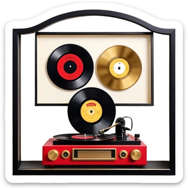 Icon for Vinyl Record Collecting: large black, golden and red vinyl records in decorative packaging featuring artist images, neatly arranged on a wall or shelf, modern vinyl record player. The icon should reflect the aesthetic and artistic aspect of collecting vinyl records. Transparent background. sticker