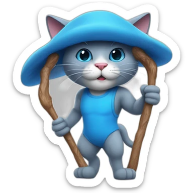 Strong muscles Blue cat NO ears  wearing a mushroom cap carrying a stick in one arm standing on two legs with pants sticker