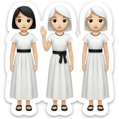 vull un perosnatge estil bimoji que sigui com una nimfa bella i fantasmal amb túniques blanques. Té la pell literalments blanca com el guix, cabell platejat, un nas llarg, ulls negres grans i llavis carmesí. que estigui somrient sense arrecades i roba vermella i blanca sticker