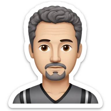 Man in his early 50s with tan complexion. Strong square jawline. Dark brown eyes with focused expression. Thick eyebrows. Black goatee with subtle gray hairs. Short curly dark hair with slight receding hairline. Slight confident smile. Wearing a black V-neck shirt with gray stripes. sticker