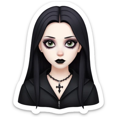 Goth person with pale face, black clothes, and dark makeup sticker