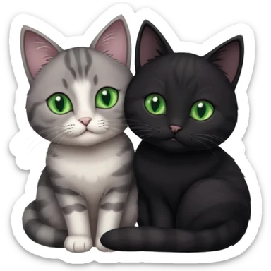 1 grey cat with pastal green eyes and 1 black with green eyes cat cuddling sticker
