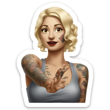 Blonde elegant women, her Body Covered with Tattoos, POINTING to YOU FORWARD with her ONE HAND , Hyper realistic sticker