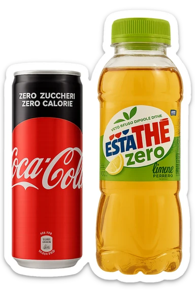 lattina di coca cola zero fluttua accanto a bottiglia di esta-thè zero, iperrealistiche 4k sticker