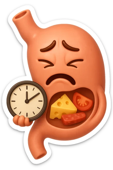 EMOJI STILE IPHONE 3D DI UNo stomaco umano con espressione dolornate, ha del cibo visibile dentro che non sta digerendo. in mano tiene un orologio da muro, iperrealistico 4k sticker