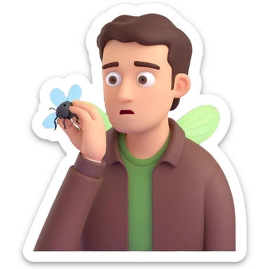 annoyed man looking at a fly sticker