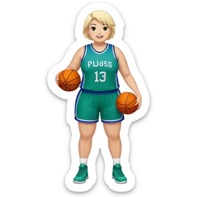 Full Body plus size white female with short spike hair basketball player wearing blue green uniform smiling sticker