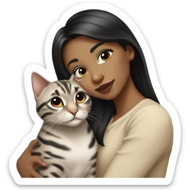 Girl with light skin, black eyes, shoulder length straight black hair, wears a beige blouse outfit, kissing a silver bengal cat  sticker