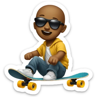 Infant doing kickfip on skateboard wearing sunglasses sticker