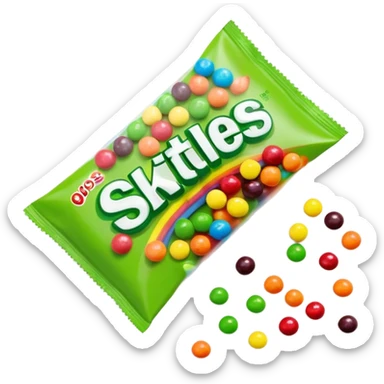 Minimalist top-down view of an open Skittles package with green candies spilling out. Simple rainbow colors on package, clean design. sticker