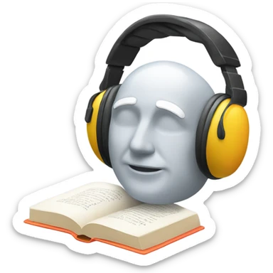 A minimalist emoji in iPhone style, showing an open book wearing over-ear headphones, with bright colors and a transparent background. sticker