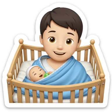 swaddled Asian boy with pacifier in wooden crib, emoji style sticker