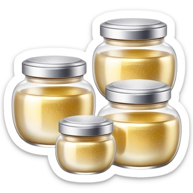 Cinematic Realistic Glitter Jars, elegant glass containers filled with ultra-fine shimmering gold and silver dust, light catching the tiny specks in a mesmerizing glow, slightly open lids revealing the rich, sparkling texture inside, set against a softly blurred background, radiating a sense of enchantment and wonder. sticker