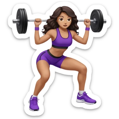 mujer de tez trigueña, con cabello castaño oscuro ondulado no muy marcado, hasta las nalgas super largo estilizado, con ropa deportiva morada/lila, tenis blancos deportivos y levantando una pesa sticker