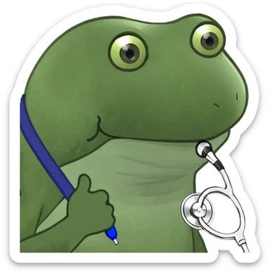 Make the baby oil bottle look like a doctor with a stethoscope or medical hat, in the green bufo frog meme style, no background. sticker