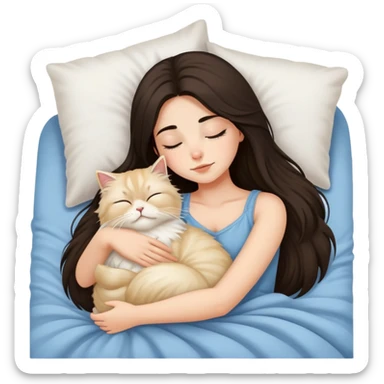 pretty girl with dark long hair sleeping with blonde fluffy  persian cat in bed sticker