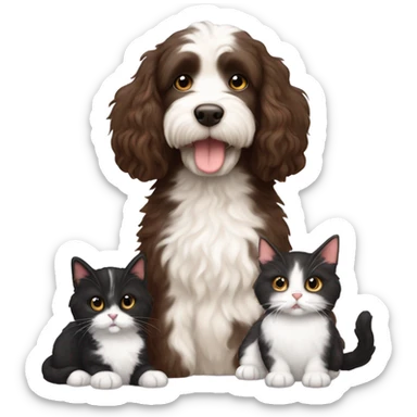 Australian labradoodle dark brown with two tuxedo cats and a calico cat sticker