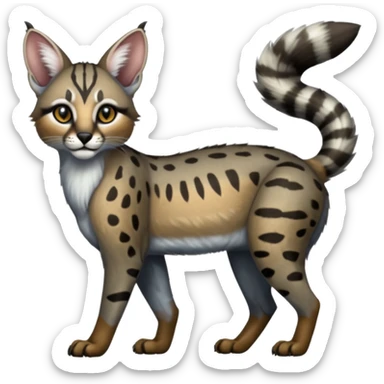Realistic patterned marked edgy greyish blackish whitish silvery Shiny Colorful Glossy Genet-Caracal-Lion-Bobcat-fusion-animal-hybrid-creature, full body, tufted ears, long thin tufted tail sticker