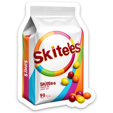 A vintage 90s Skittles package with neon accents, radical 90s American style, old school logo, bright and colorful sticker