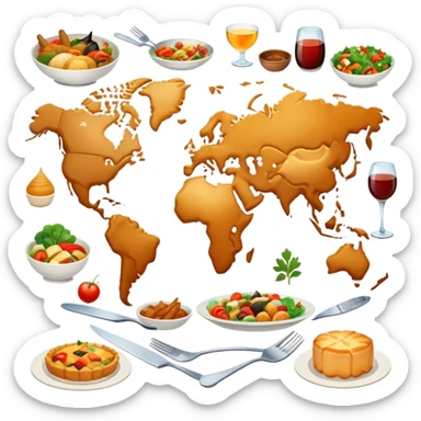 Icon for Culinary Tourism: a world map with food elements like a fork, knife and dish, surrounded by iconic dishes from various countries. The icon should represent the exploration of global cuisines and travel experiences. Transparent background. sticker