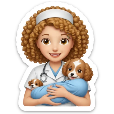 curly nurse holding baby dog sticker