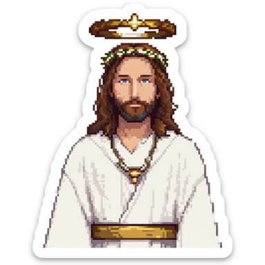 Jesus with brown hair, beard, white robe, gold halo in pixel art style sticker