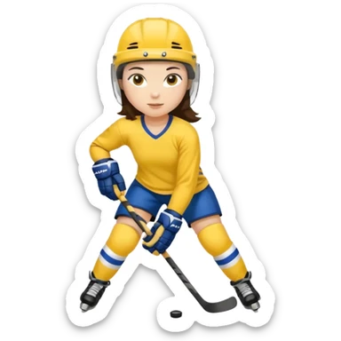 Girl hockey player with yellow jersey full body brunette with helmet sticker