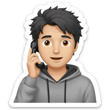 a white man with black messy, grey hoodie taking a call, happy sticker